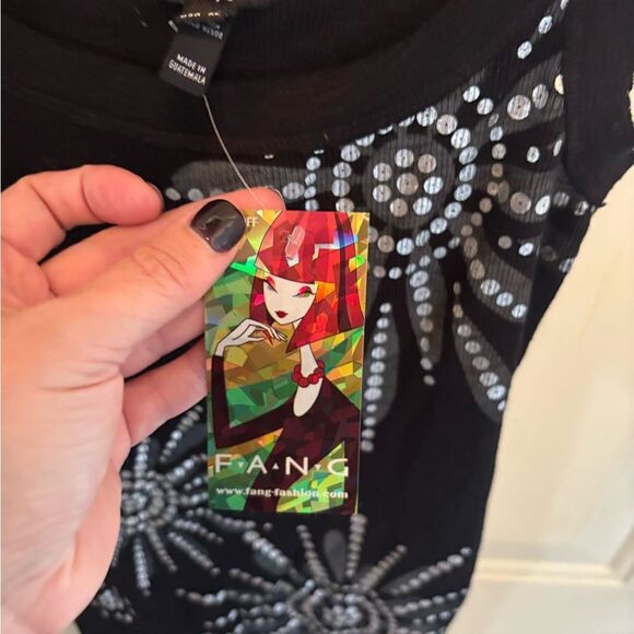 FANG Black Tank Top with Silver Floral Design - Picture 3 of 5